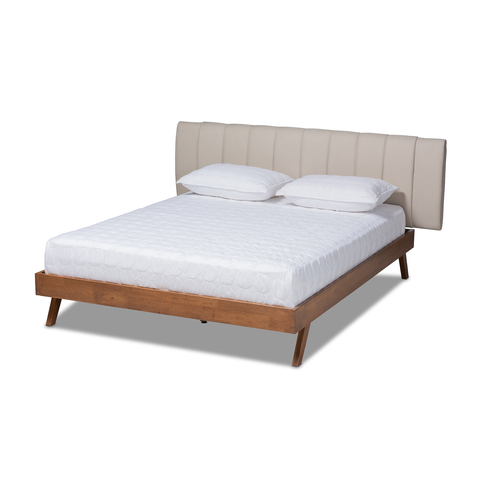 Baxton Studio Brita Mid-Century Modern Light Beige Fabric Upholstered Walnut Finished Wood King Size Bed